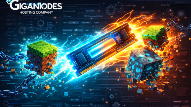 Feature image showing how to allocate more RAM to Minecraft in CurseForge with GigaNodes logo