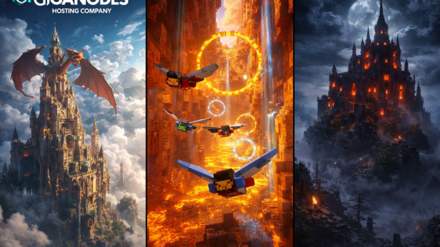 Collage of RPG, horror, and multiplayer gameplay showing the best Minecraft adventure maps with GigaNodes logo