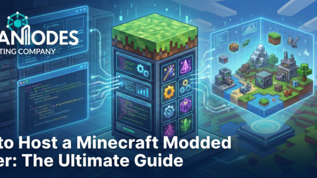 Futuristic server tower with Minecraft grass block top and holographic world featuring the GigaNodes logo, illustrating how to host a Minecraft modded server.