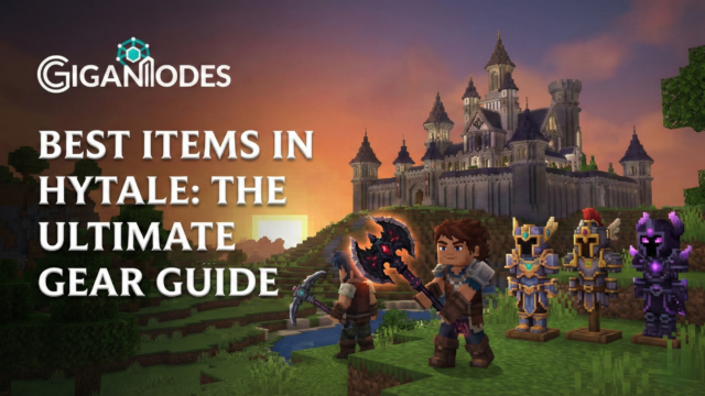 GigaNodes blog banner titled Best Items in Hytale, featuring legendary weapons and fantasy gear against a Hytale landscape with the GigaNodes logo.