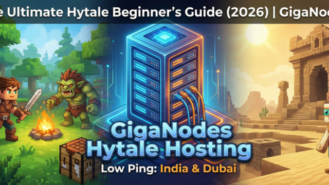Hytale Beginner's Guide 2026 banner showing a GigaNodes server rack with low ping for India and Dubai, featuring Hytale characters like a Trork, Kweebec, and a player in the Emerald Grove and Howling Sands zones.