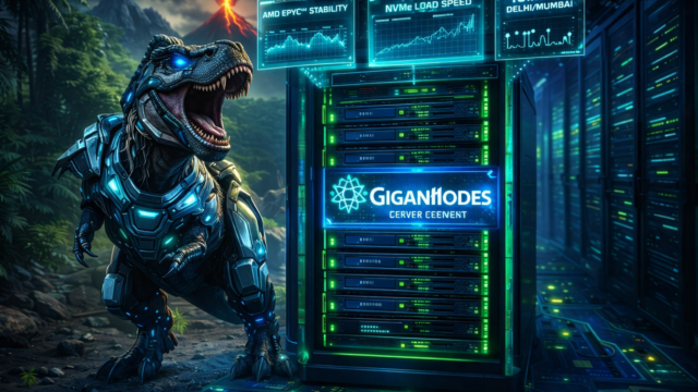 ARK server hosting India guide showing a TEK T-Rex next to a high-performance AMD EPYC server rack.