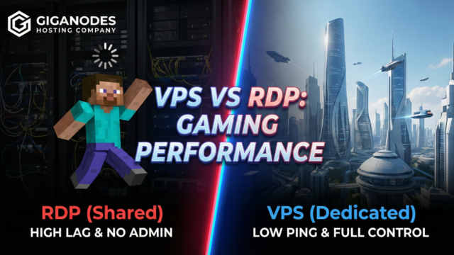 Feature image comparing VPS vs RDP gaming performance. Split screen design: Left shows a lagging Minecraft character on a shared RDP server with "High Lag & No Admin" text. Right shows a futuristic city representing a dedicated VPS with "Low Ping & Full Control". GigaNodes Hosting Company logo is visible in the top left corner.