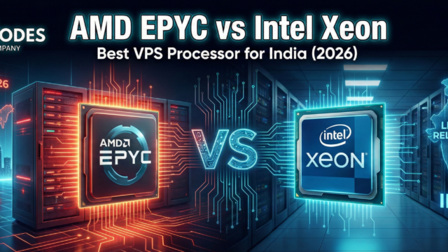 A split-screen feature image for the GigaNodes blog titled "AMD EPYC vs Intel Xeon: Best VPS Processor for India (2026)". The left side, in red and orange, shows an AMD EPYC processor against a futuristic Indian cityscape, highlighting "LOW LATENCY". The right side, in blue, shows an Intel Xeon processor with a similar Indian map, noting "LEGACY RELIABILITY". The GigaNodes logo is in the top left corner.