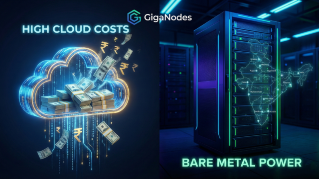 AWS vs bare metal India cost comparison showing expensive cloud computing next to a powerful dedicated server.