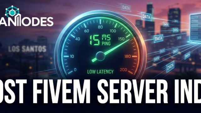 Host FiveM Server India feature image showing a speedometer with 15ms low latency and the GigaNodes logo against a GTA V city background