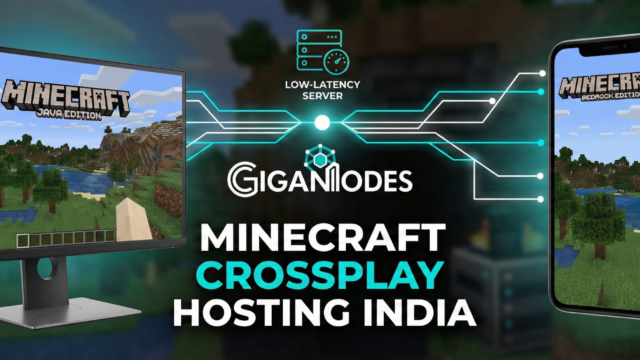 Minecraft Server Hosting India feature image displaying crossplay between PC Java Edition and Mobile Bedrock Edition connected by the GigaNodes logo