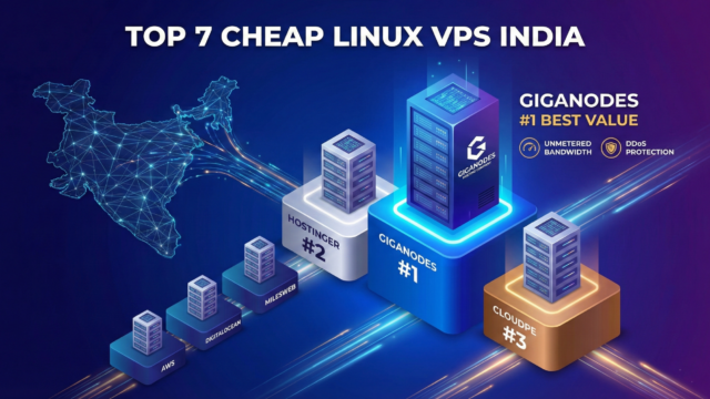 Feature image for Top 7 Cheap Linux VPS India comparison. 3D podium graphic showing GigaNodes server ranking #1 for Best Value with Unmetered Bandwidth, beating Hostinger (#2) and CloudPe (#3). Map of India in background illustrating local low-latency hosting.