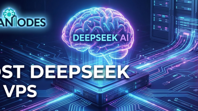 A futuristic feature image for GigaNodes illustrating how to host DeepSeek on VPS, showing a glowing AI brain over server rack hardware in a data center.