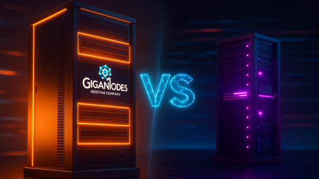 Split screen 3D render comparing a high-performance orange GigaNodes AMD EPYC server with a budget purple server, illustrating the GigaNodes vs Hostinger VPS India comparison.