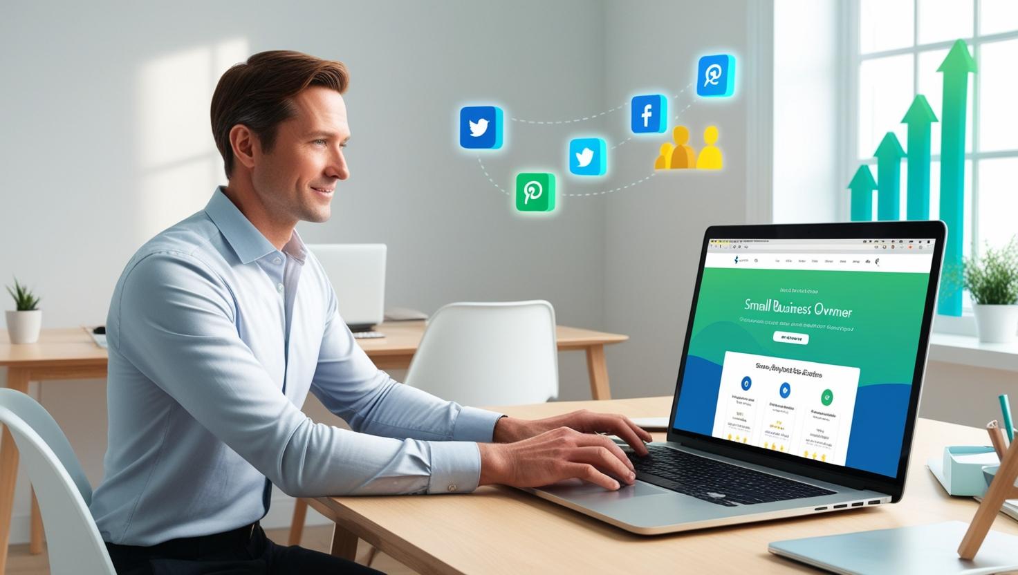 A small business owner working on a laptop surrounded by digital marketing icons and graphs, symbolizing a strong online presence.
