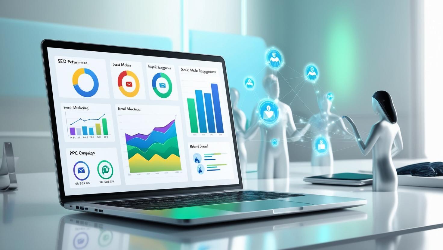 A modern digital marketing scene featuring a laptop or tablet displaying graphs, charts, and digital tools like SEO, social media, email marketing, and PPC advertising. The background has a sleek, techy, and futuristic design with online interactions and devices.