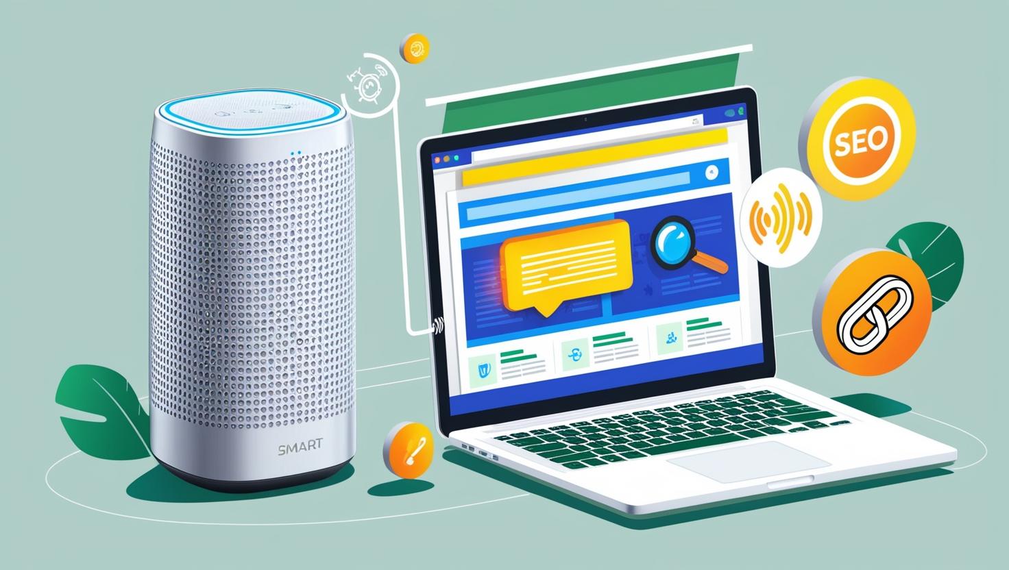 A digital marketing strategy concept illustrating SEO, voice search, and link-building. The image includes a smart speaker (Amazon Echo or Google Home), a laptop displaying a search engine results page, and icons symbolizing SEO and link-building, such as a magnifying glass for search, a chain link for backlinks, and voice waves representing voice search. The design is modern, clean, and professional, with a tech-savvy color palette.