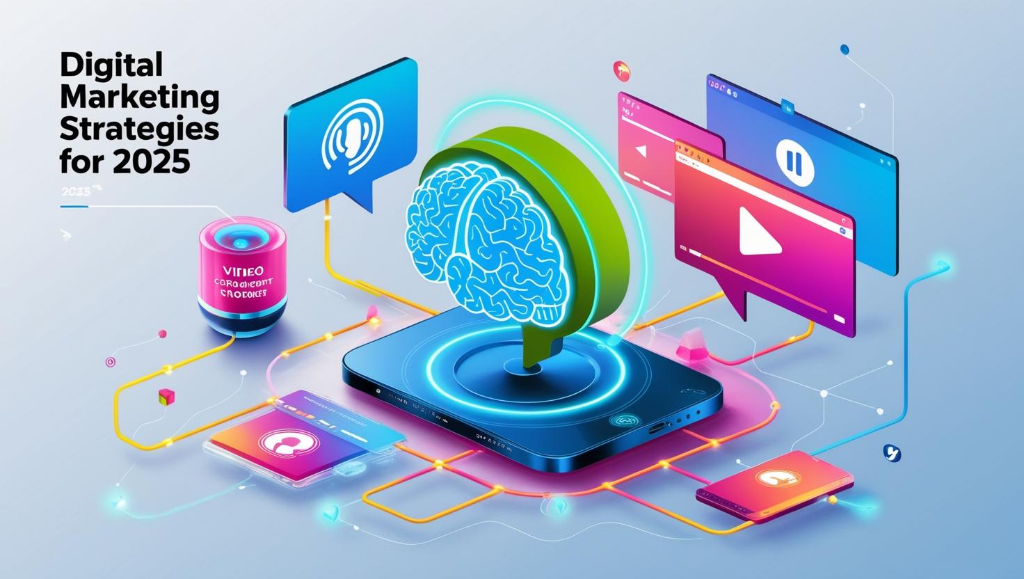 A futuristic digital marketing concept for 2025, showcasing AI, voice search, short-form video icons, and interconnected digital elements. The design features a holographic globe, a smart speaker, and vibrant blue and neon gradient tones, symbolizing innovation and tech-forward marketing strategies.