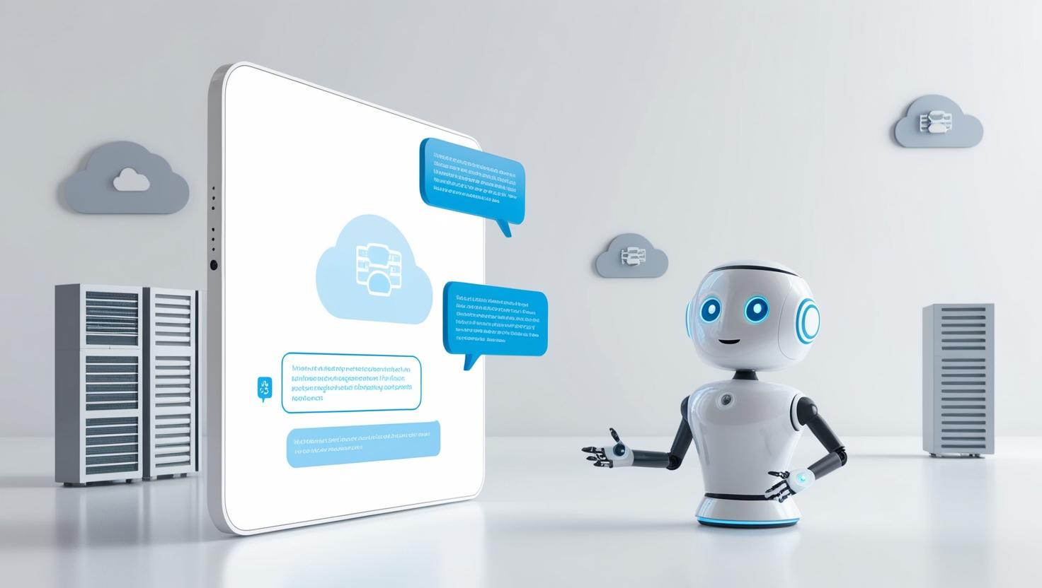 Chatbot interface providing customer support and sales assistance on a modern website with hosting solution icons in the background."