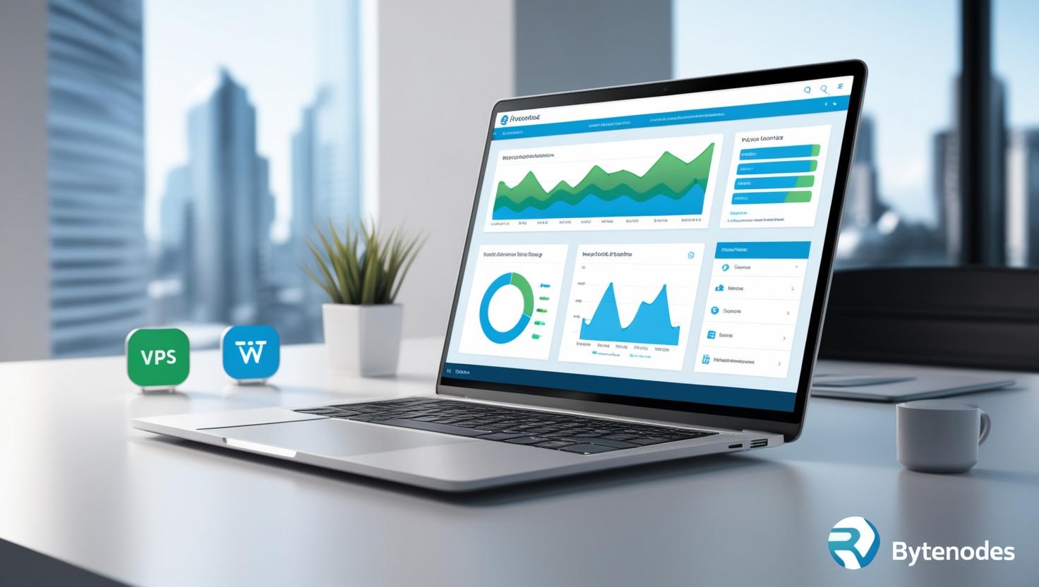 Laptop displaying a web hosting dashboard with performance charts, surrounded by icons representing different hosting solutions like VPS, cloud, and WordPress hosting. ByteNodes logo subtly included.