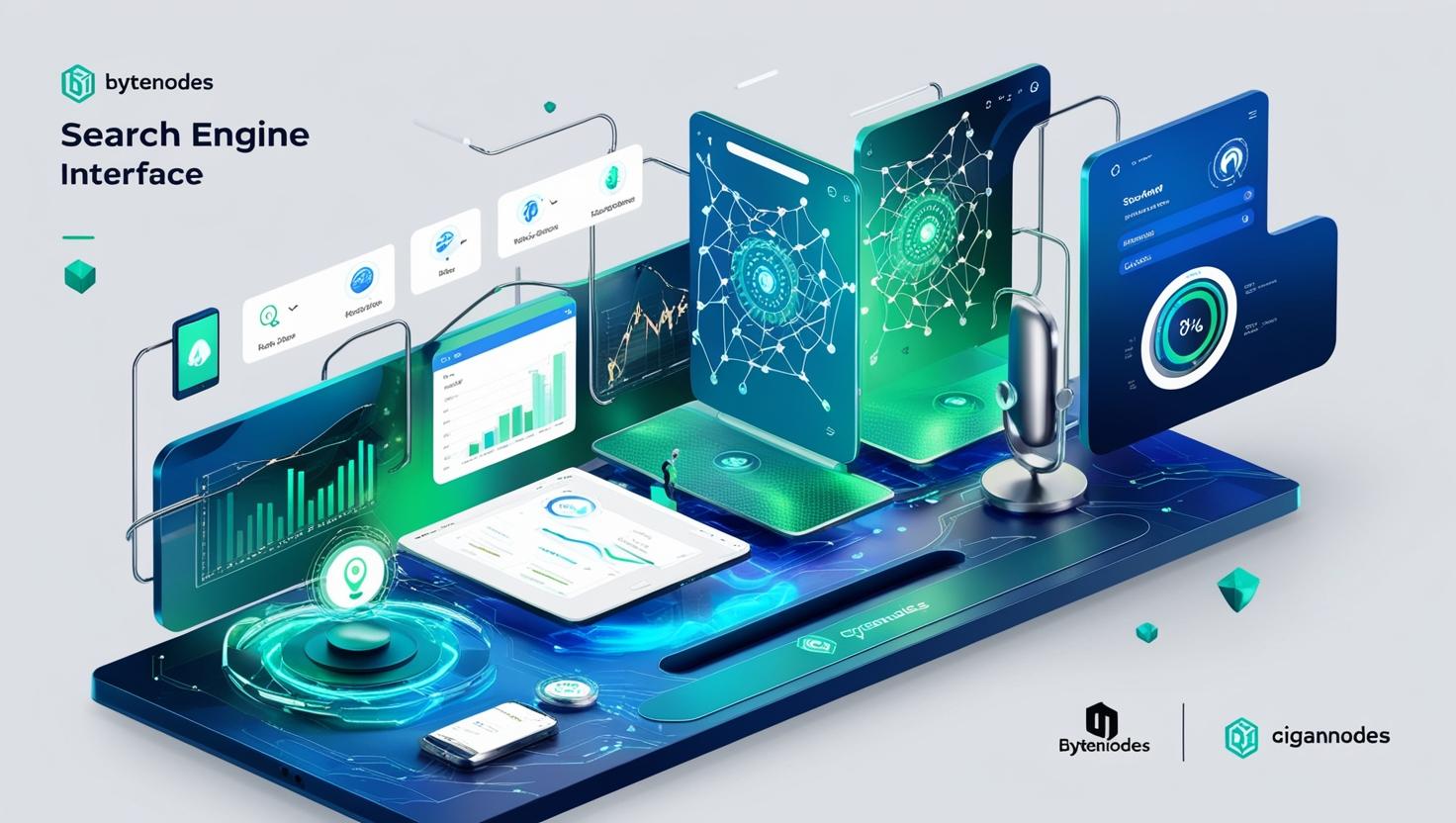 Futuristic illustration of a search engine interface with AI-driven elements, neural networks, and performance analytics. Icons representing mobile-first indexing, voice search, and Core Web Vitals, with a sleek, modern design featuring ByteNodes and GigaNodes branding.