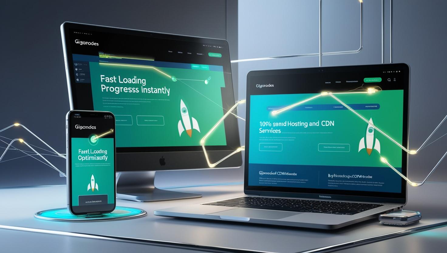 Digital illustration of a fast-loading website displayed on a laptop, smartphone, and tablet with glowing network lines symbolizing speed and optimization. A rocket represents acceleration, with GigaNodes and ByteNodes branding subtly integrated in the background.